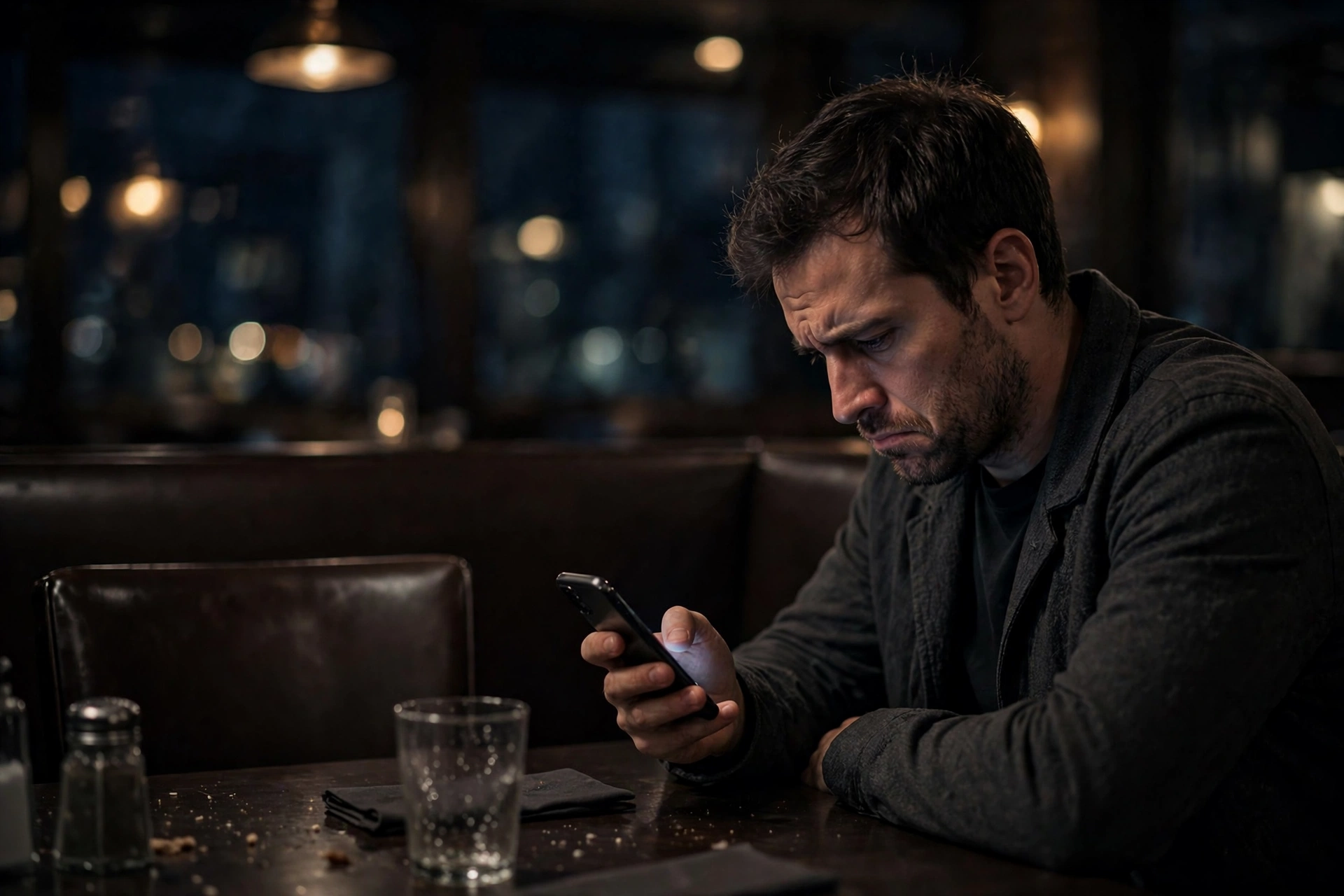 Man sitting alone in a restaurant booth at night checking his dating app, the quiet cost of dating profile photo mistakes