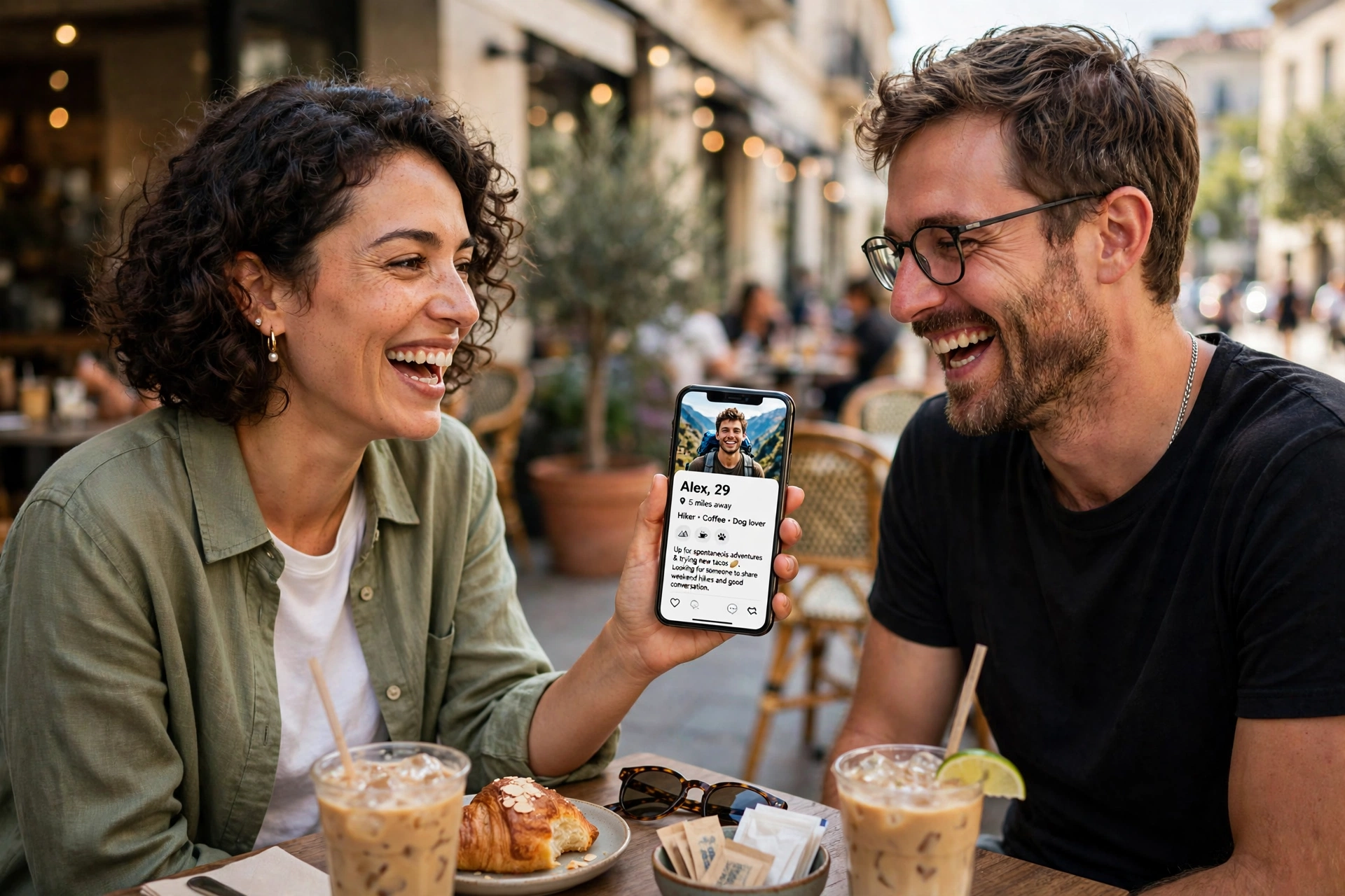 Two friends at an outdoor café laughing over a dating profile photo on a phone, the outside-eye check that catches dating profile photo mistakes