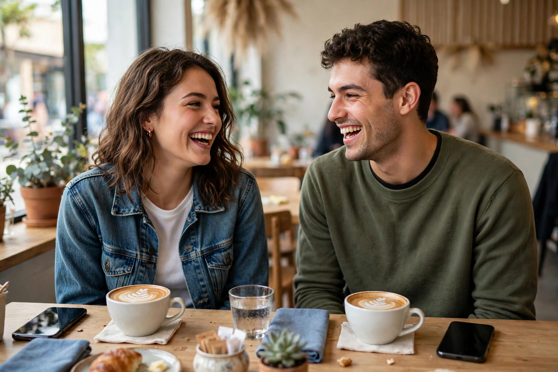 Relaxed couple laughing over coffee with phones face-down on the table, what avoiding first date texting mistakes makes room for