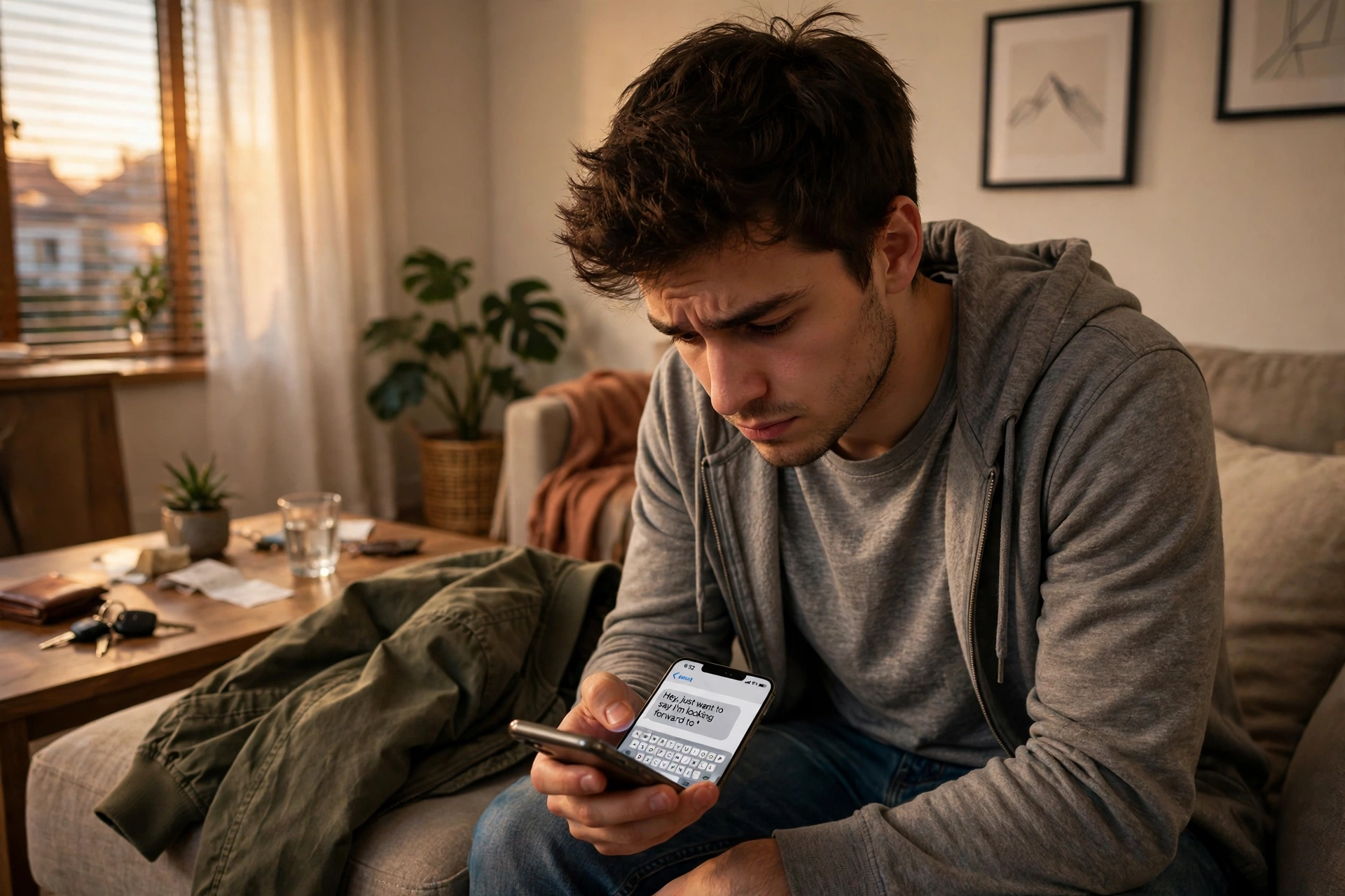 Nervous man on his couch staring at a half-typed message an hour before the date, the moment most first date texting mistakes happen