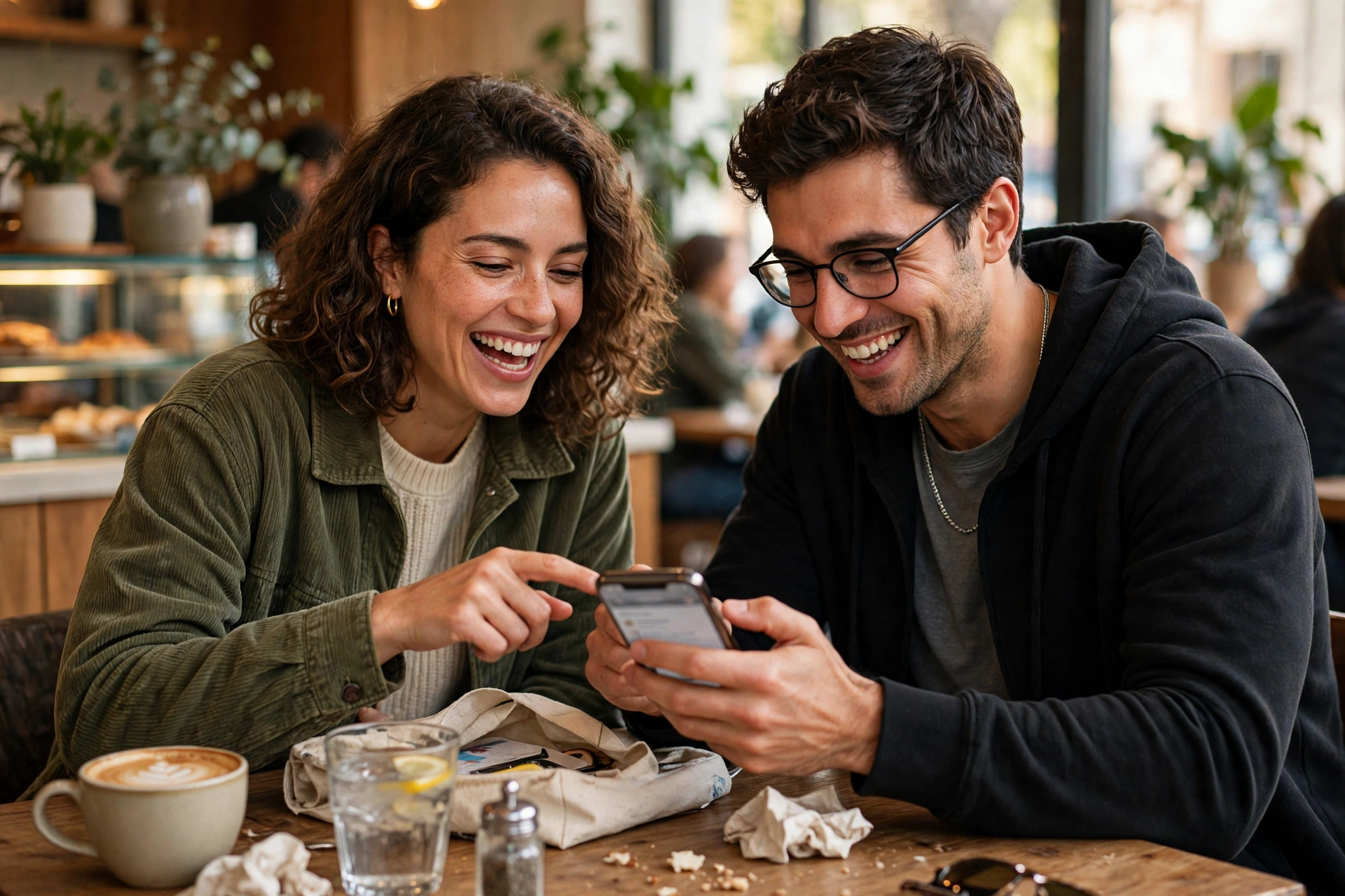 Friends giving honest Hinge profile feedback over coffee