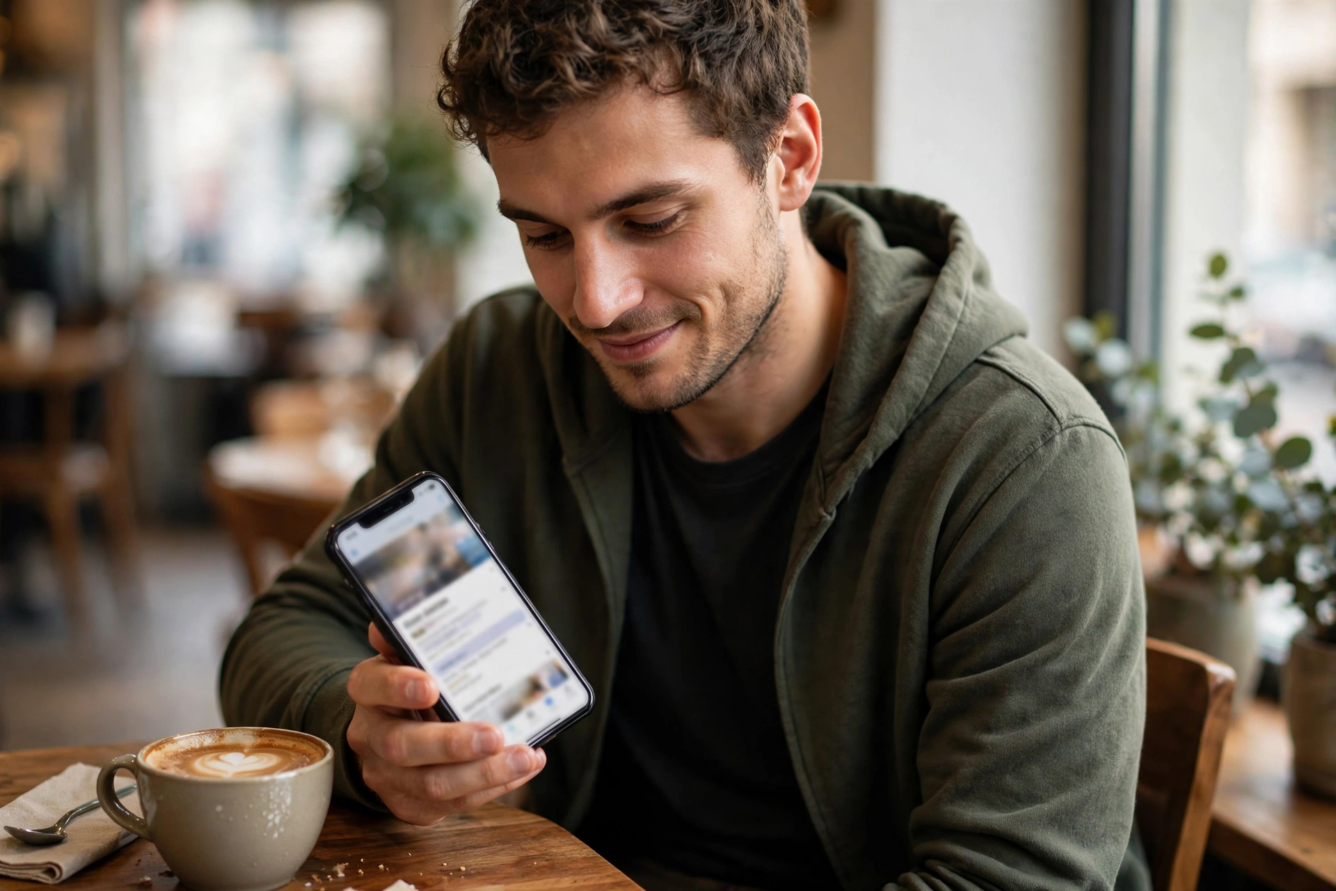 Man at a café reading a Hinge profile on his phone and thinking about how to start a conversation on Hinge