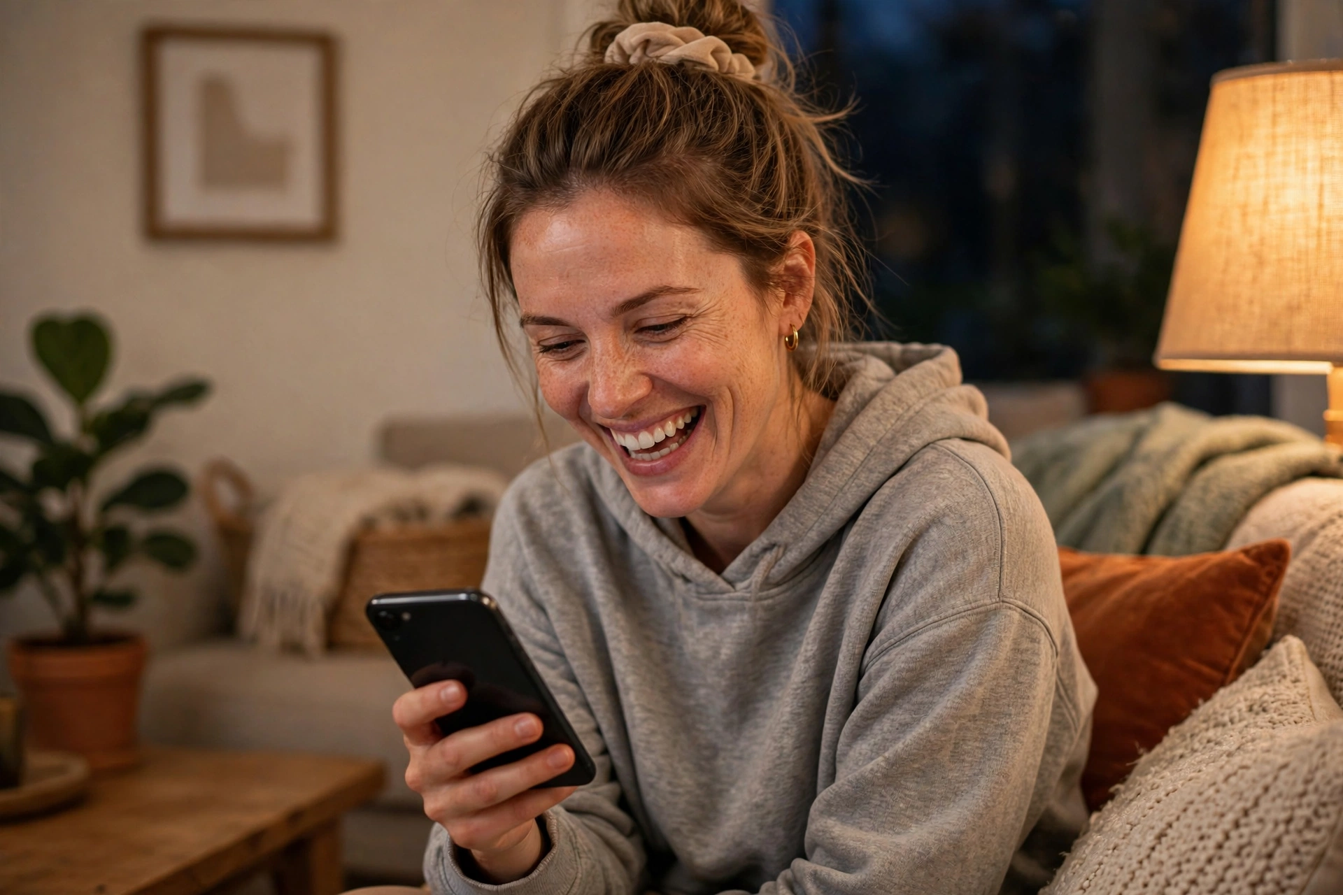 Woman at home smiling at a reply to a first Hinge message she actually wanted to answer