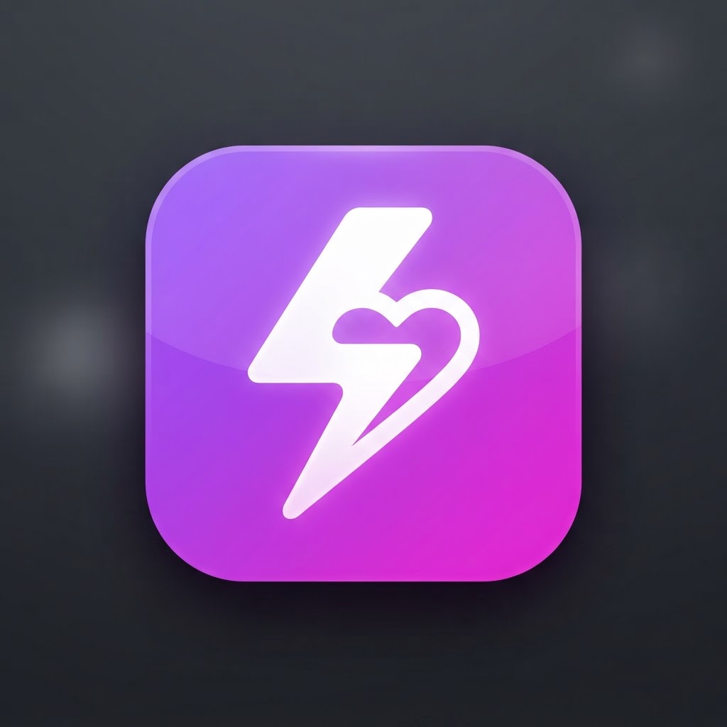 Rizza app icon — a white lightning bolt and heart on a purple rounded square