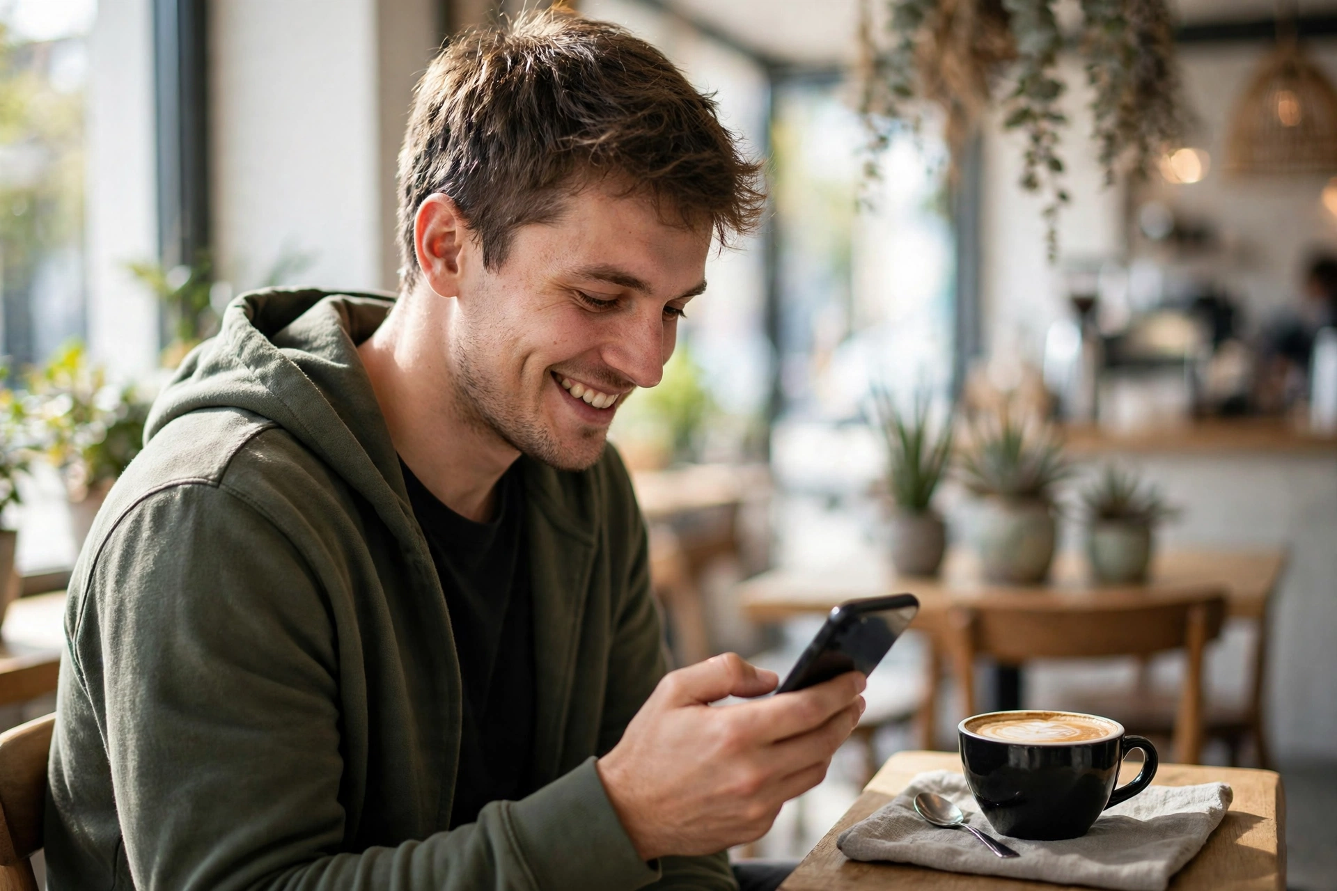 Man at a coffee shop smiling at the first text reply after getting a phone number from a dating app