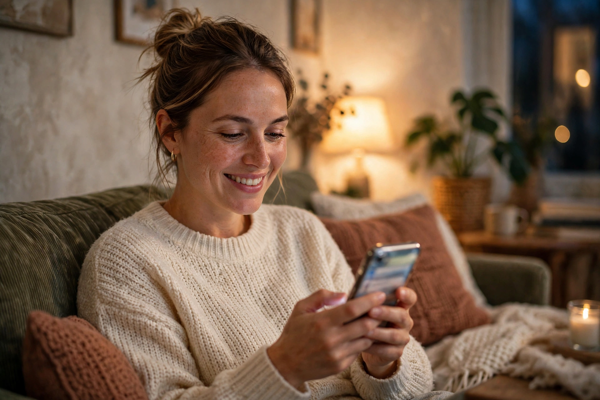 Woman at home smiling as she replies to a first text that picked the conversation up where the app left off